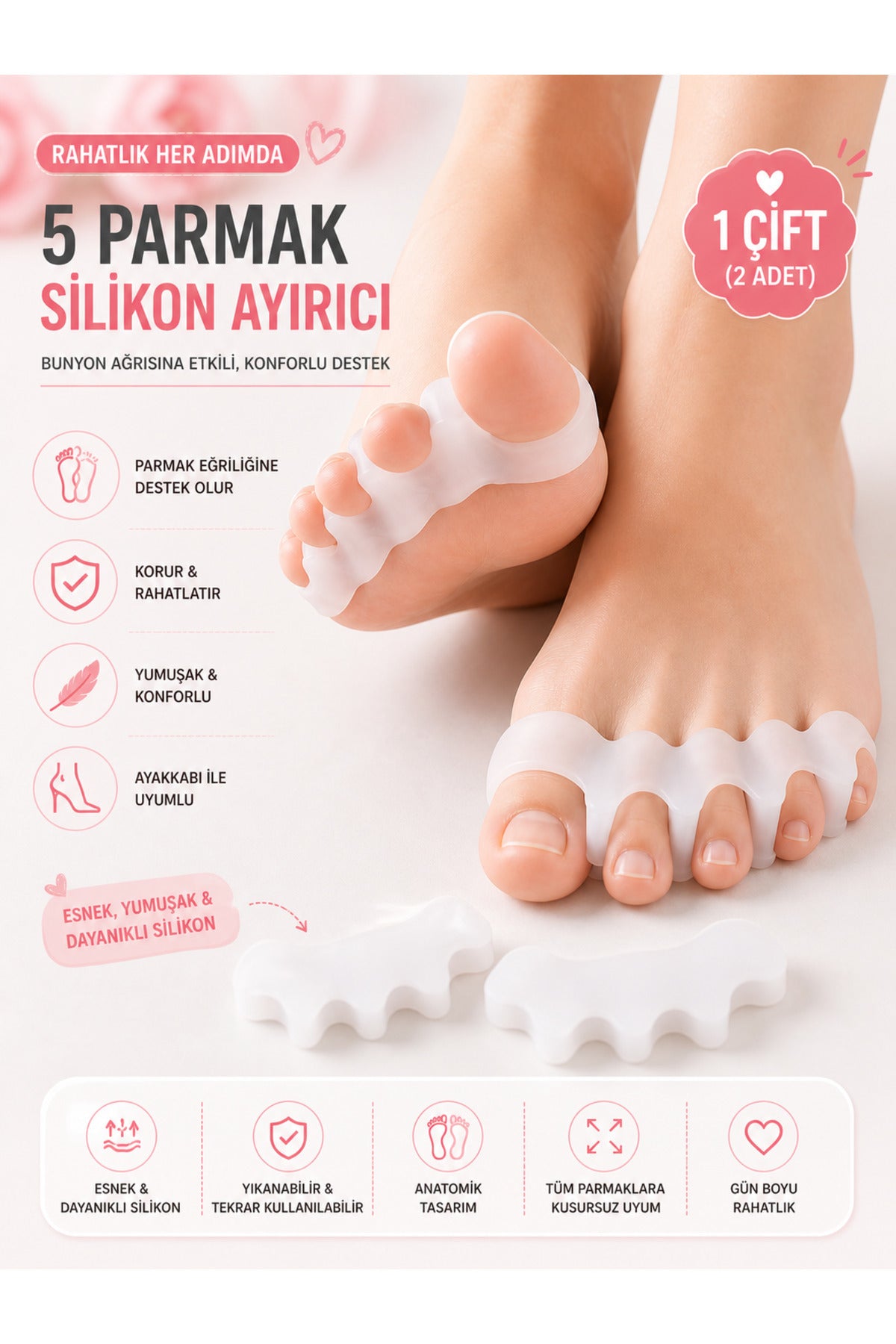 Silikon 5-Parmak Ayırıcı Makara Atel Halluks Valgus & Bunyon Koruyucu Kemik Çıkıntısı Düzeltici